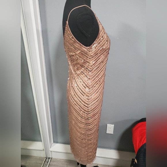Adrianna Papell Midi Nude Sequin Beaded Evening Cocktail Prom Dress sz 6 - Picture 3 of 11